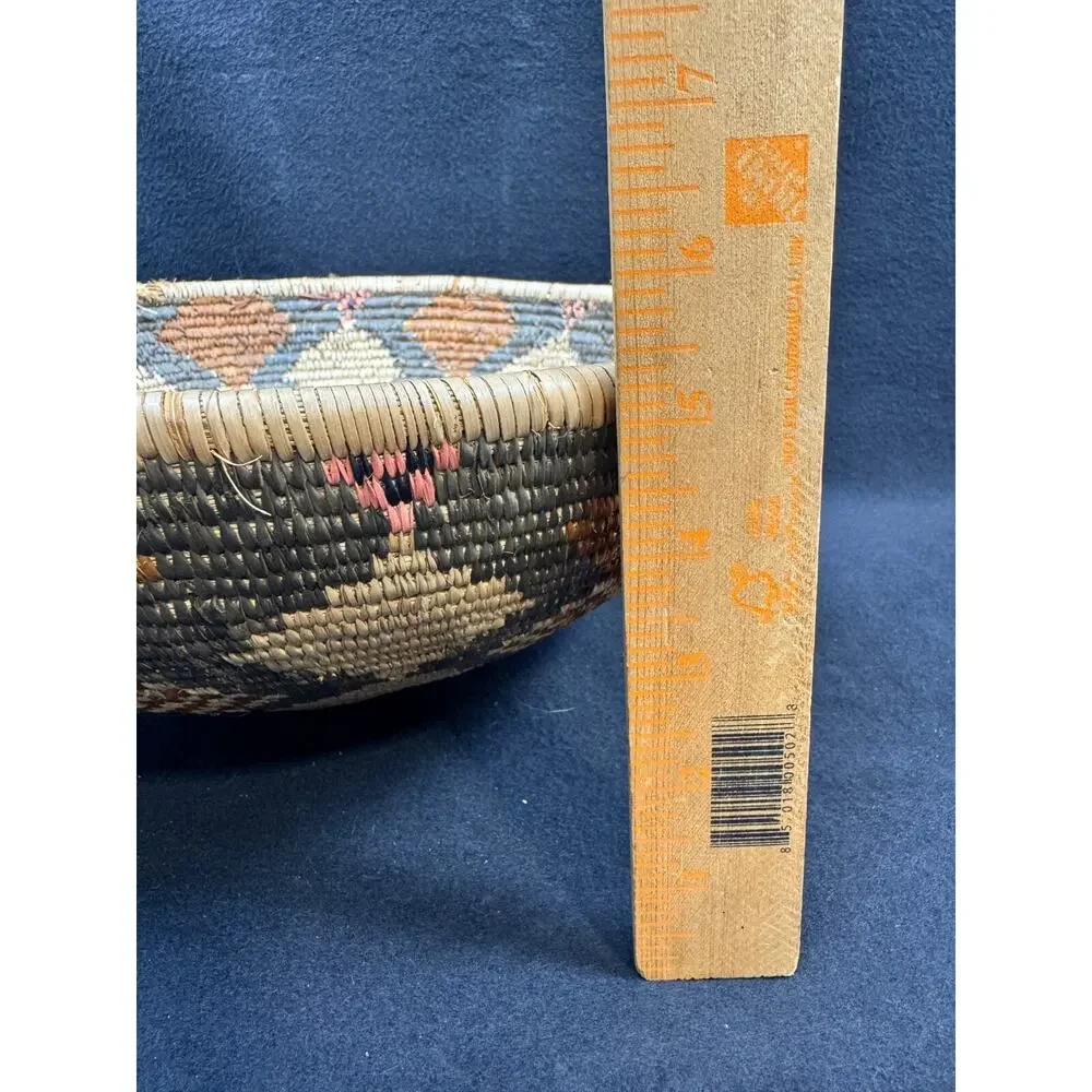 Vintage African Tribal Geometric Coiled Bowl Basket 14” Brown Tan Pink
